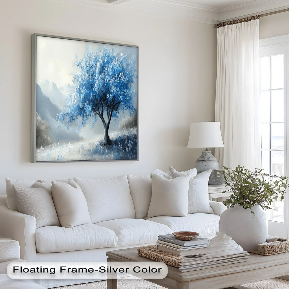 Mystical alpine tree with shimmering blue foliage.