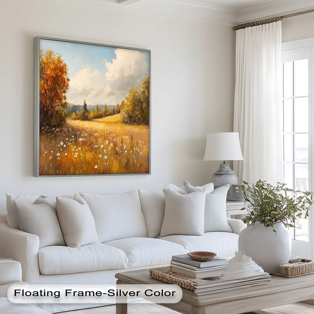 Immerse yourself in the golden beauty of a sun-drenched autumn meadow with this elegant oil painting. The dynamic brushstrokes and warm color palette bring a sense of serenity, making it a perfect framed wall art addition to any space.
