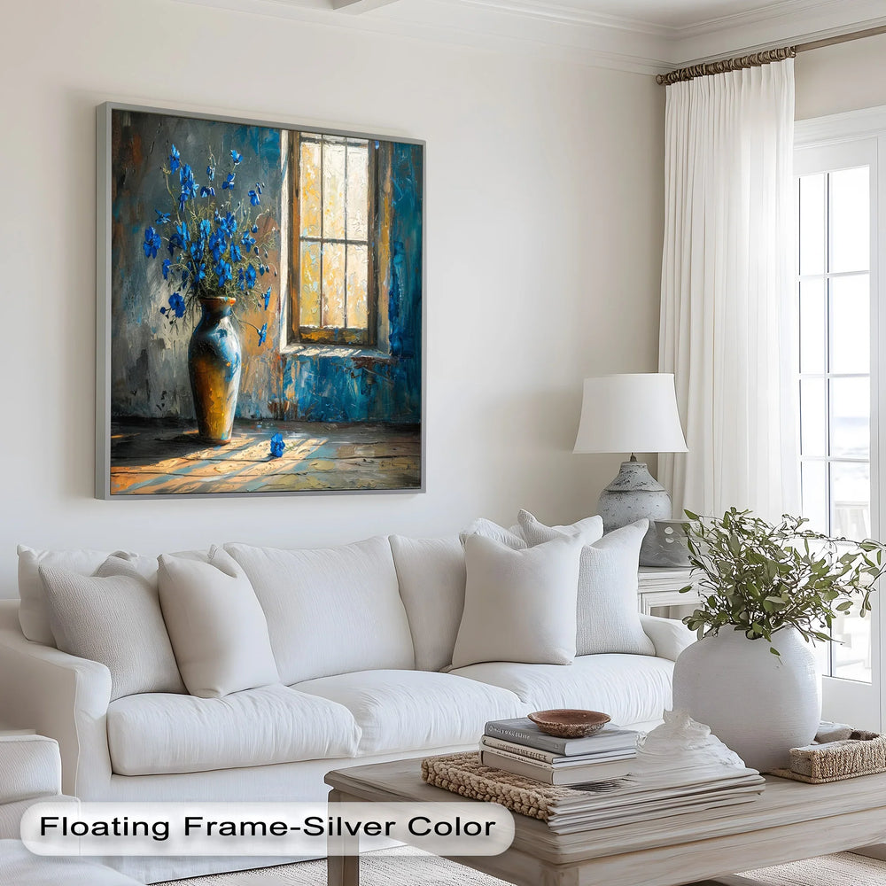Blue Flowers in Vase – Rustic Still Life Oil Painting - MyPhotoStation