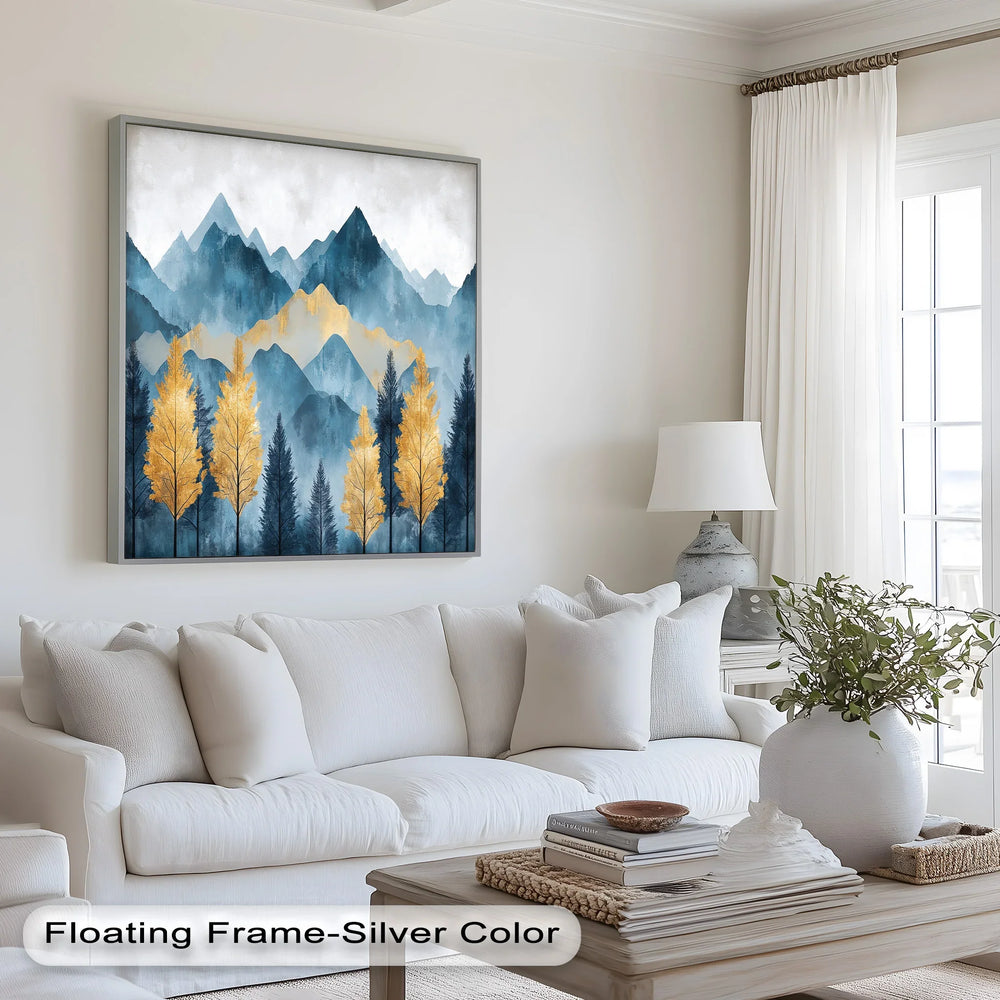 This modern oil painting beautifully blends deep blue mountain silhouettes with radiant golden peaks and trees. The textured brushstrokes and rich color contrast make this framed wall art a sophisticated statement piece for any décor.