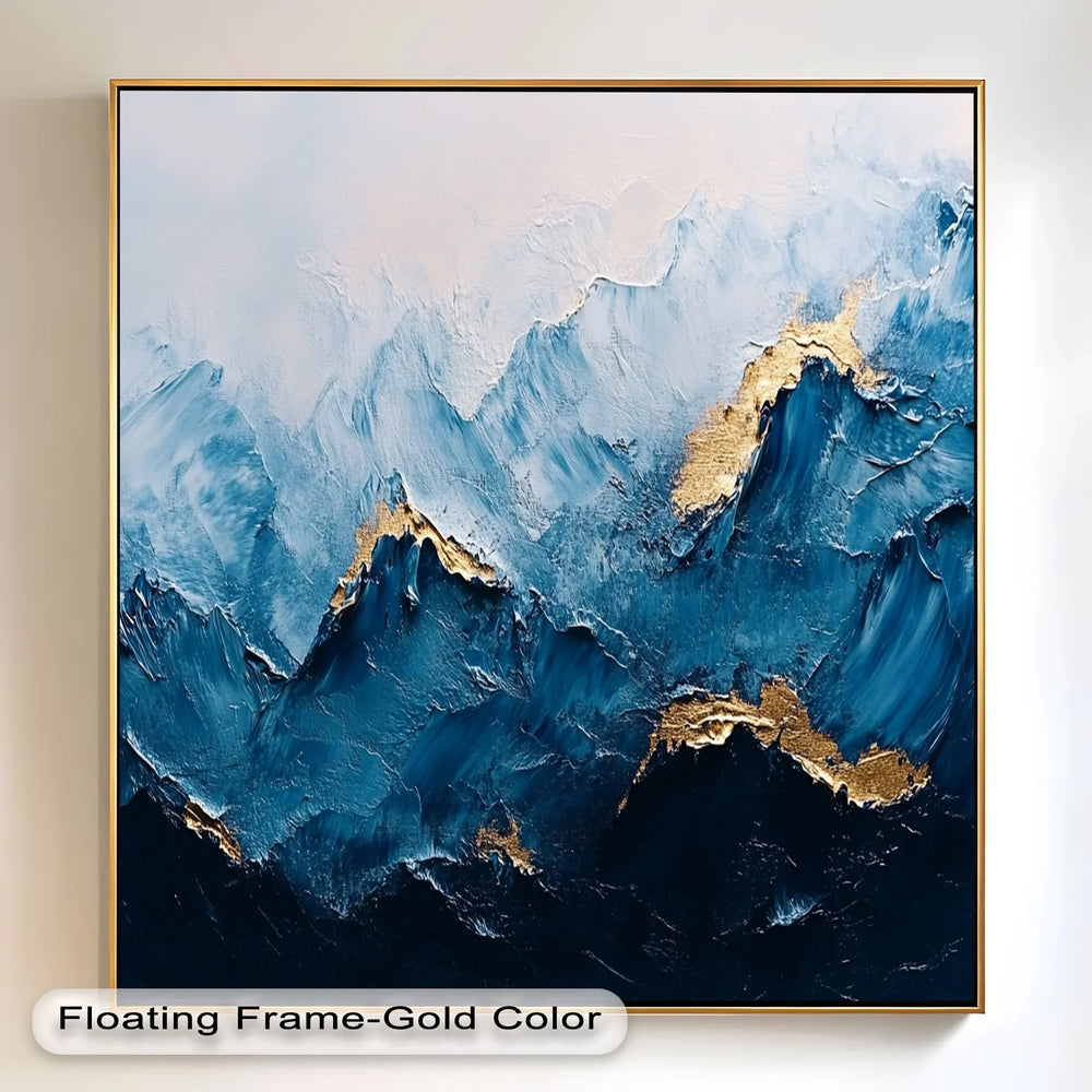 Textured mountain painting with rich blue tones and metallic gold highlights.