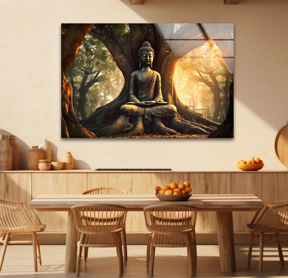 Buddha Under Tree Wall Art – Tranquil Sunrise Meditation Glass Print - MyPhotoStation