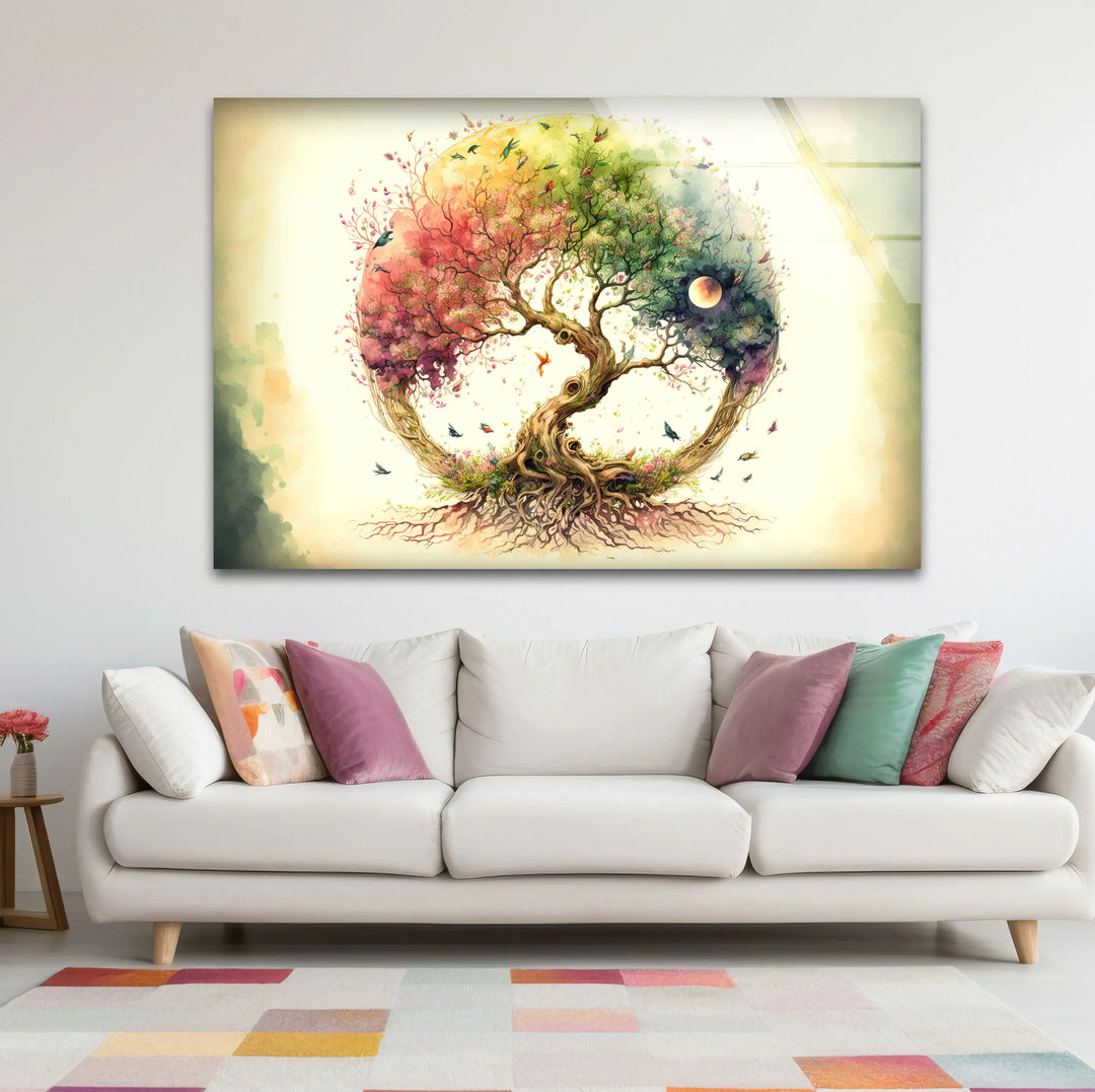 Rainbow Tree of Life Wall Art – Whimsical Watercolor Glass Print Design - MyPhotoStation