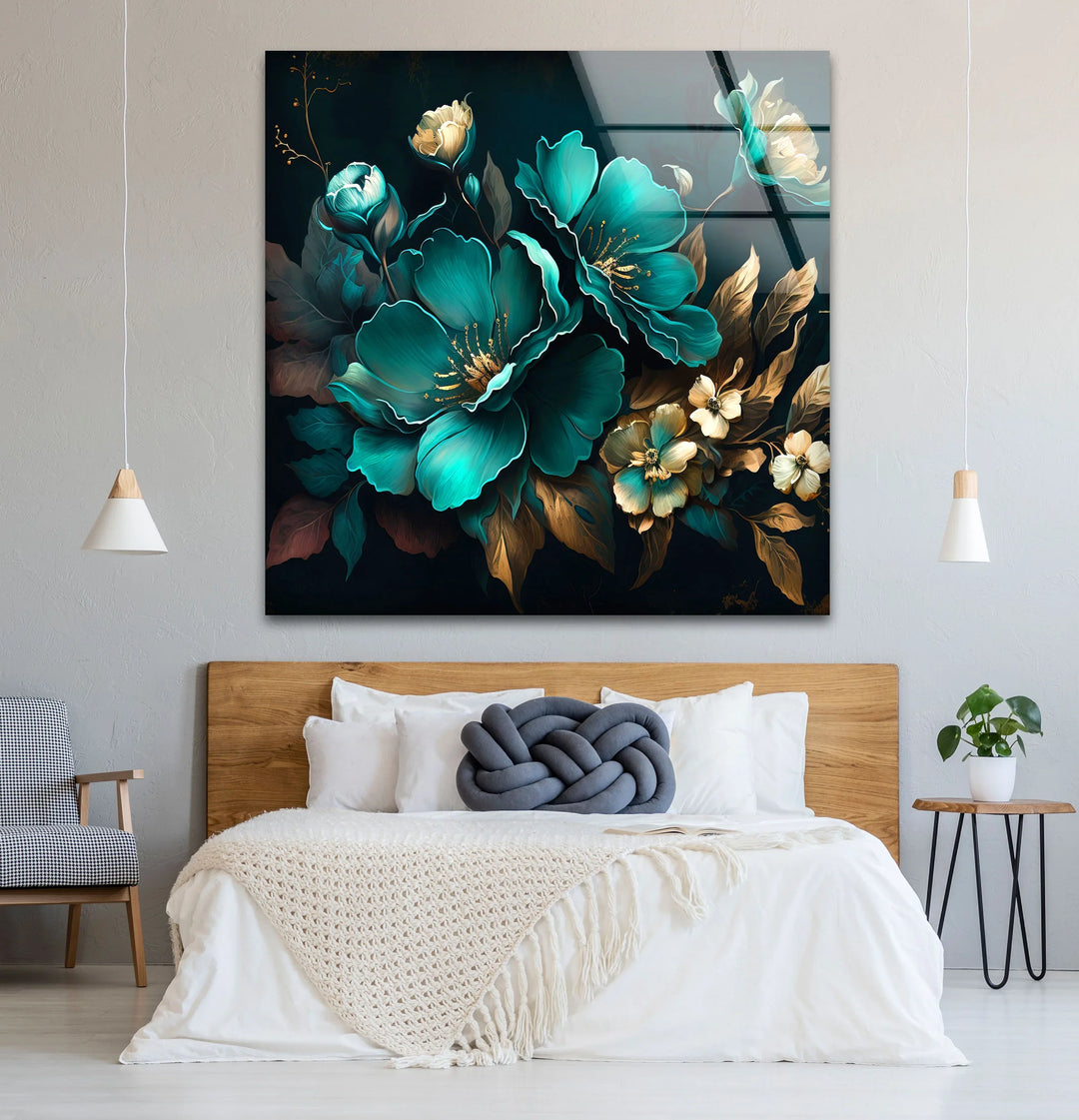 Teal and Gold Floral Wall Art – Luxurious Botanical Glass Print Design - MyPhotoStation