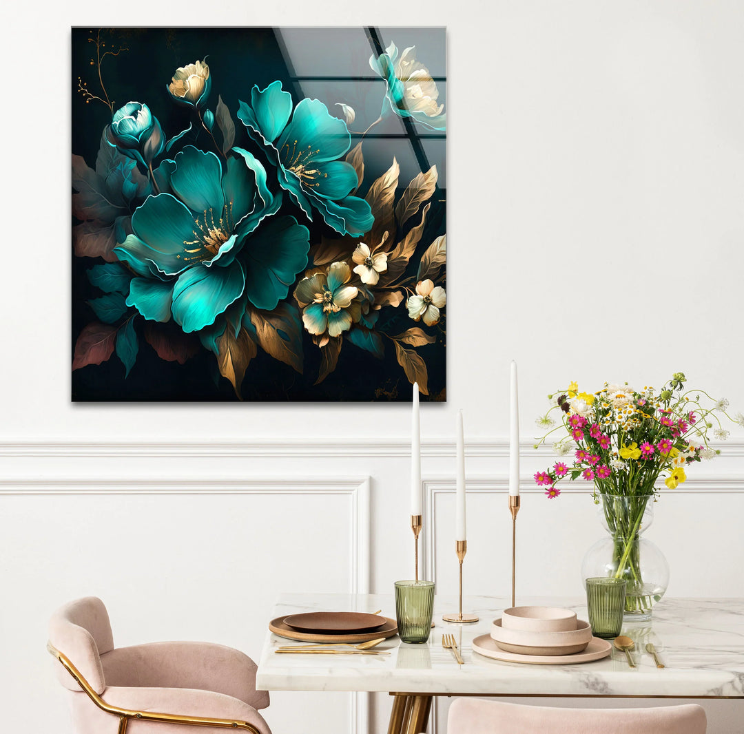 Teal and Gold Floral Wall Art – Luxurious Botanical Glass Print Design - MyPhotoStation