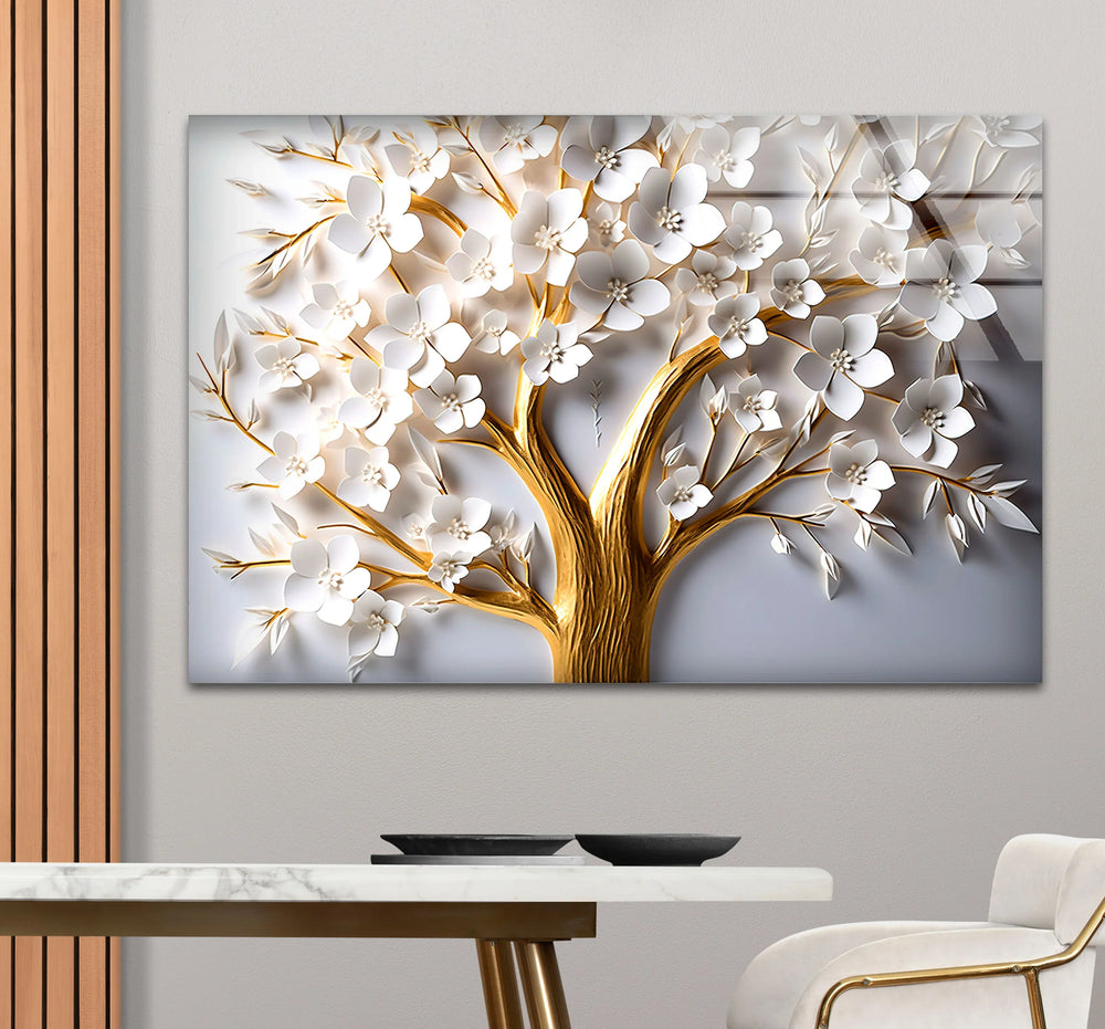 Golden Blooming Tree Wall Art – White Flower Glass Print for Elegant Decor - MyPhotoStation