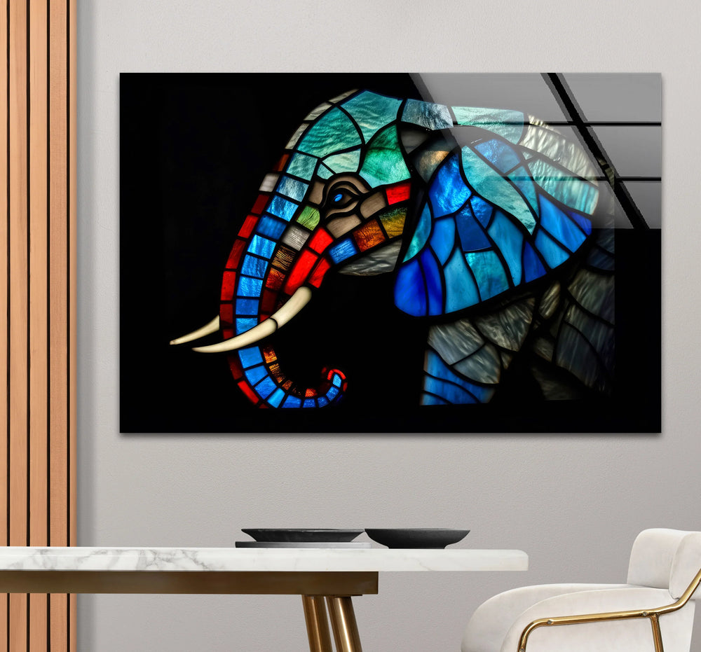 Blue Stained Glass Elephant Wall Art – Colorful Animal Glass Print Design - MyPhotoStation