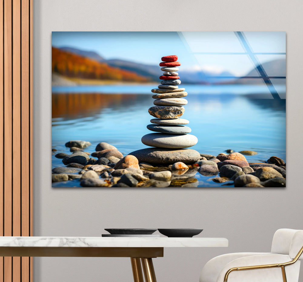 Stacked Stones Glass Wall Art – Tranquil Lake Balance Scene - MyPhotoStation