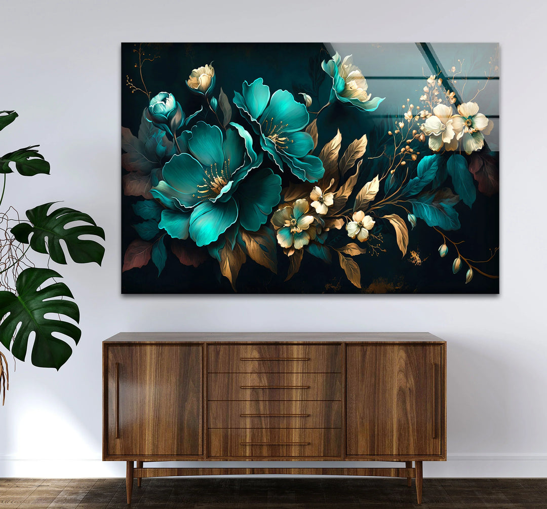 Teal and Gold Floral Wall Art – Luxurious Botanical Glass Print Design - MyPhotoStation