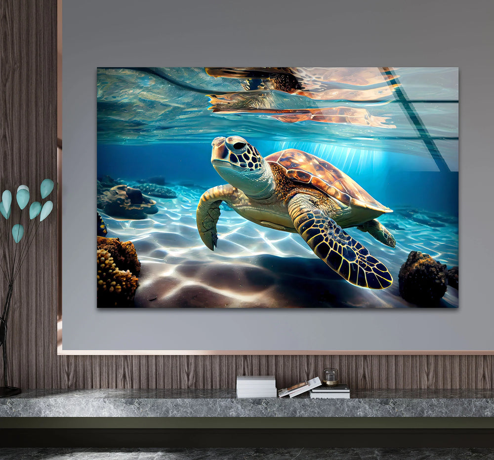 Ocean Turtle Wall Art – Underwater Sea Life Glass Print Decor - MyPhotoStation