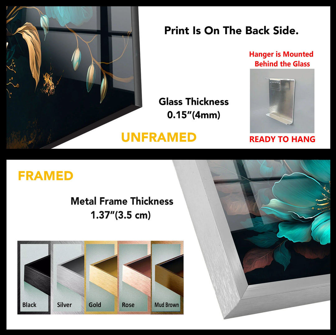 Teal and Gold Floral Wall Art – Luxurious Botanical Glass Print Design - MyPhotoStation