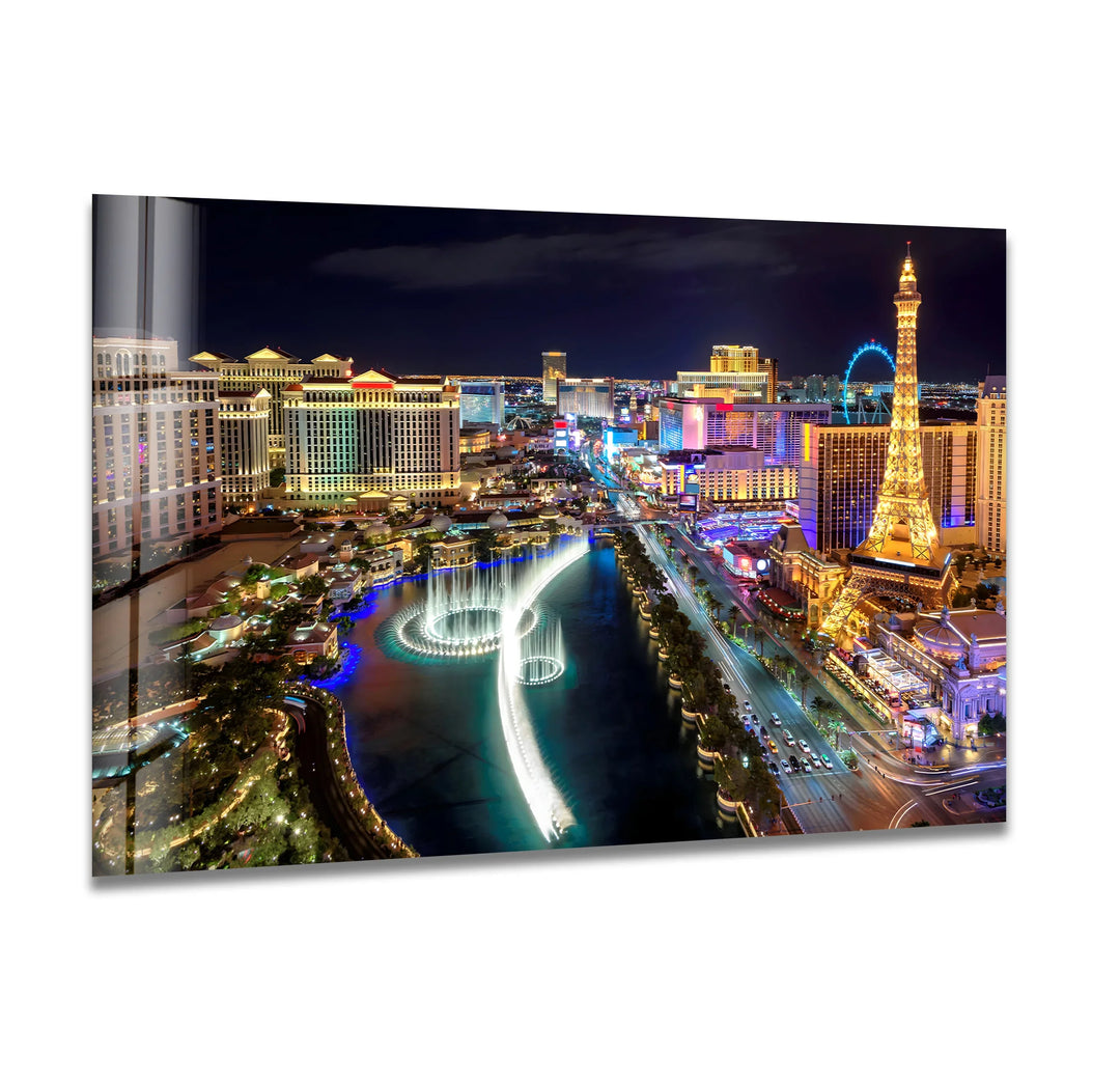 Las Vegas Skyline Glass Wall Art - Illuminated Strip at Night - MyPhotoStation