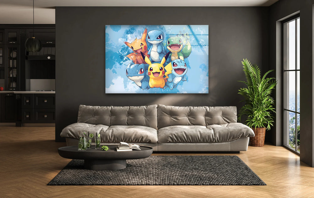 Colorful Cartoon Friends on Blue Glass Wall Art custom glass photo prints, large glass prints