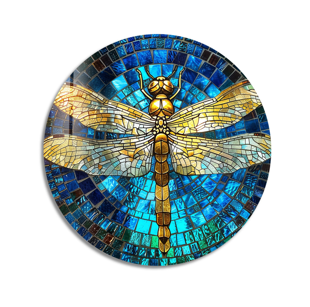 Golden Serenity – Dragonfly Mosaic Round Glass Wall Art