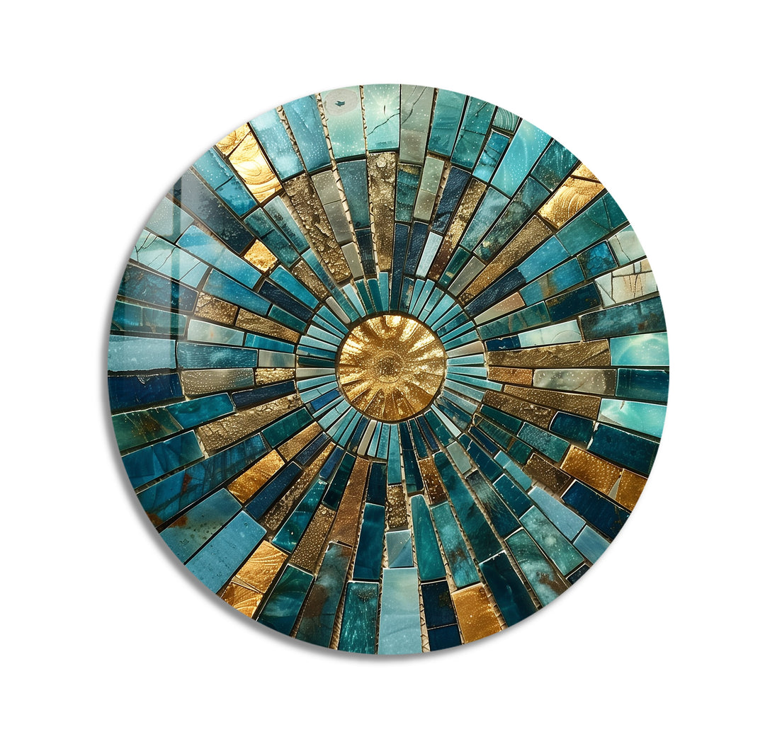 Golden Horizon – Turquoise Mosaic Round Glass Wall Art