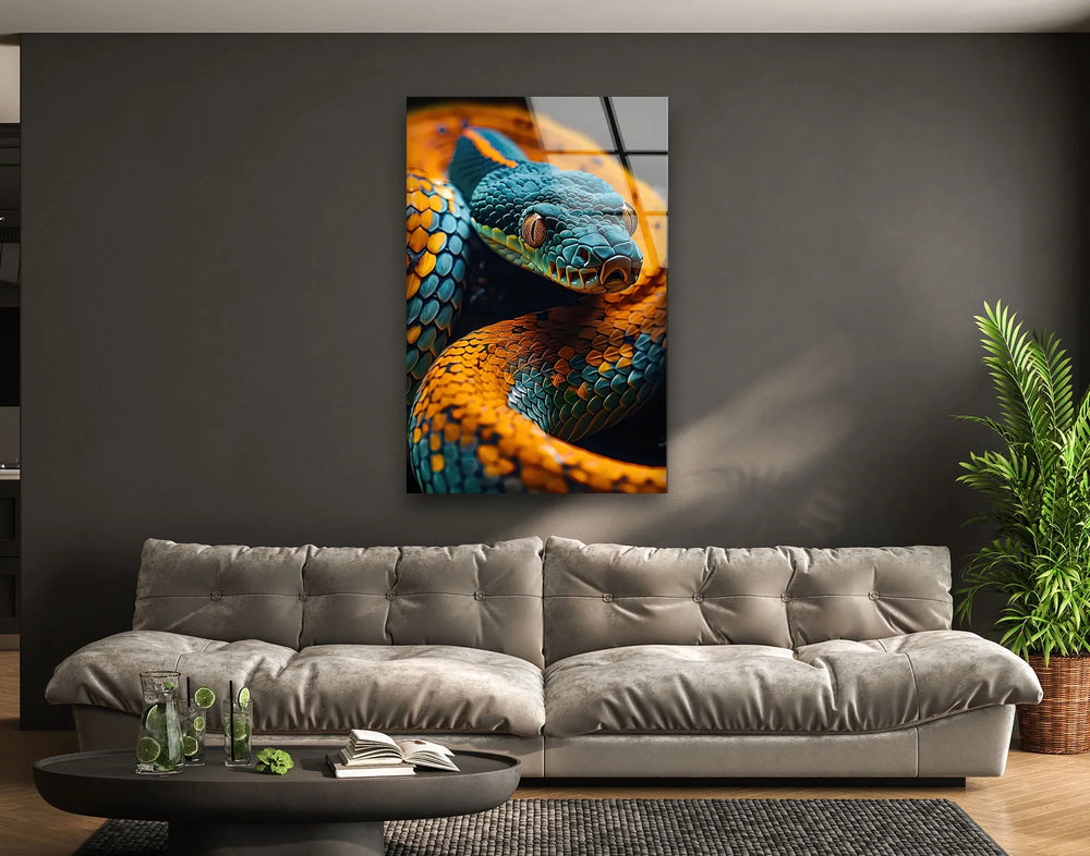 Blue Snake Glass Wall Art glass art painting, glass art for the Wall