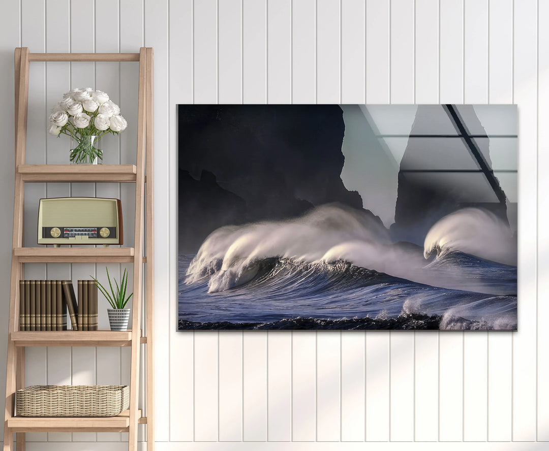 Stormy Ocean Waves Wall Art – Dramatic Coastal Glass Print with Dark Sea Cliffs for Modern Interiors - MyPhotoStation