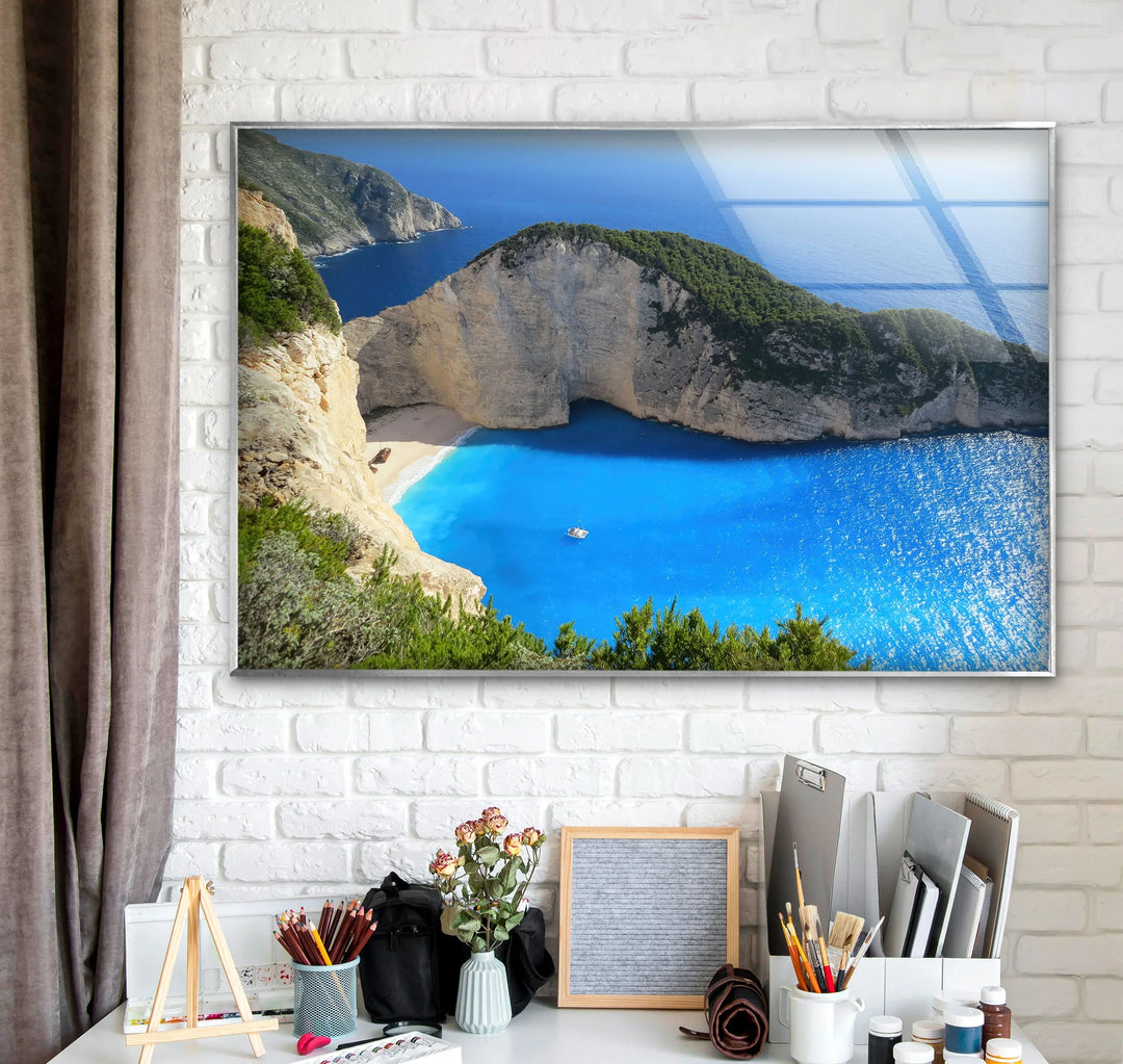 Navagio Beach Wall Art – Stunning Blue Coast Glass Print of Zakynthos Bay for Coastal and Modern Interiors - MyPhotoStation