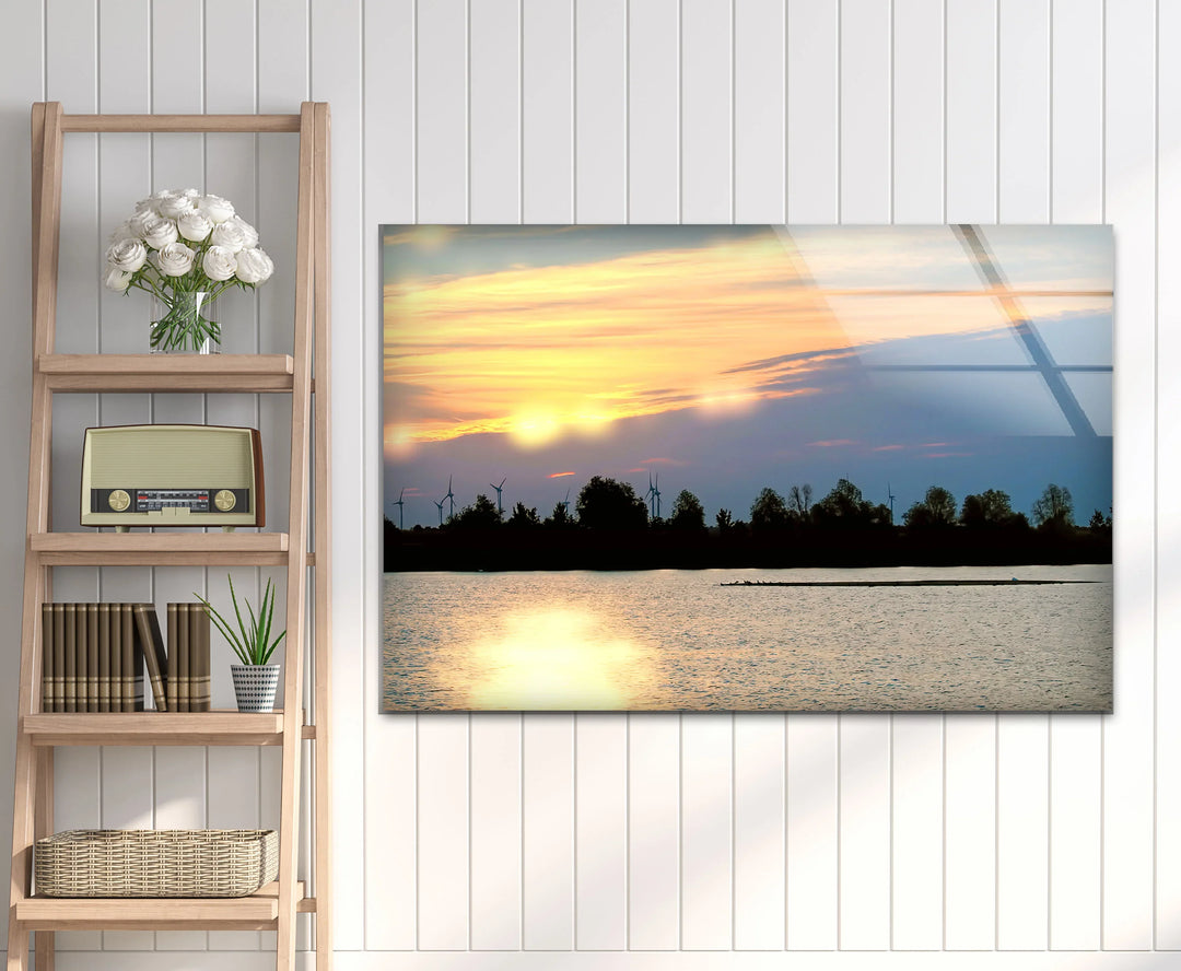 Sunset Lake View Wall Art – Serene Wind Turbine Glass Print for Eco-Inspired and Modern Interiors - MyPhotoStation