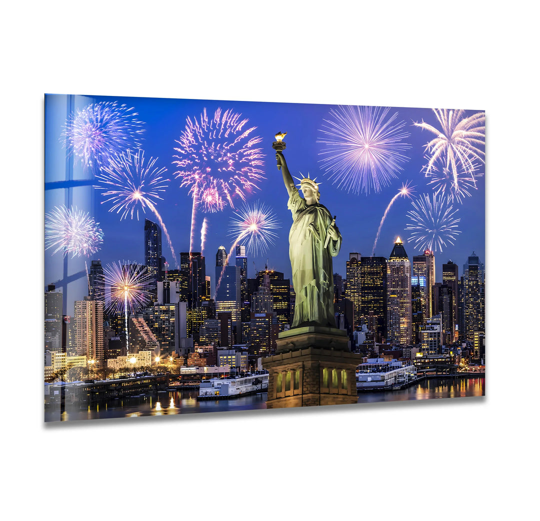 Statue of Liberty Glass Wall Art – Iconic New York Landmark with Fireworks Display - MyPhotoStation