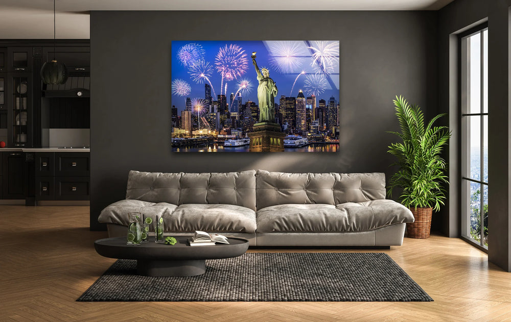 Statue of Liberty Glass Wall Art – Iconic New York Landmark with Fireworks Display - MyPhotoStation