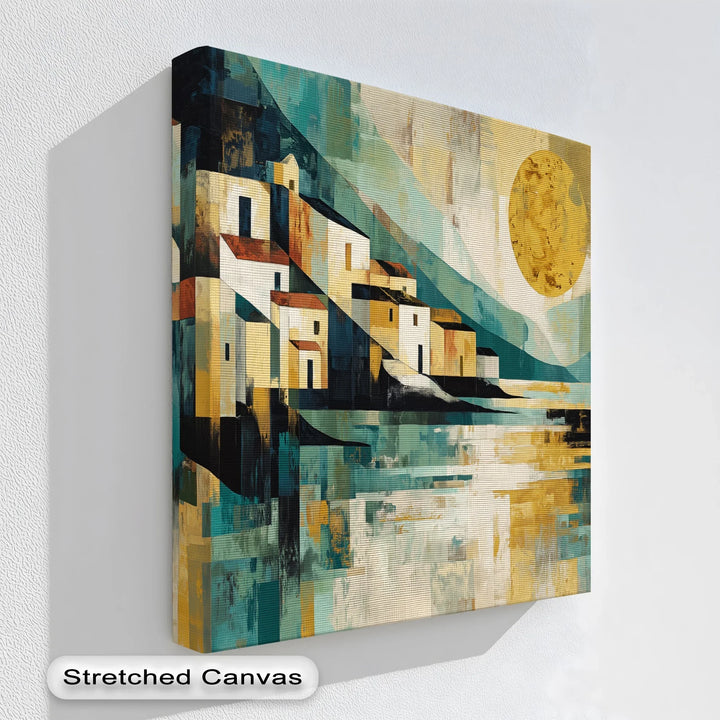 Abstract coastal village canvas art with golden sun and teal tones