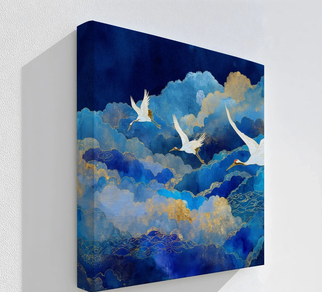 Celestial Cranes in Blue Skies – Elegant Flying Birds Canvas Print - MyPhotoStation