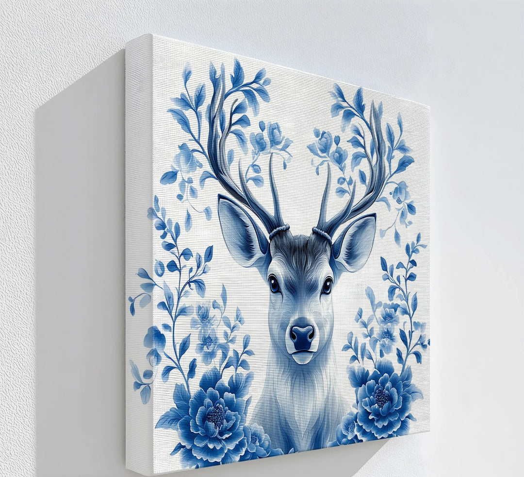 Floral-Antlered Deer in Blue – Nature-Inspired Canvas Print - MyPhotoStation