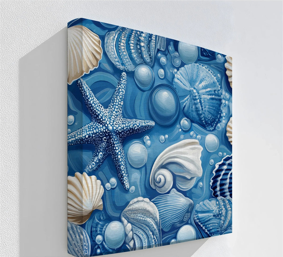 Bring oceanic elegance to your walls with this vibrant coastal canvas wall art featuring blue seashells and starfish—perfect for beach lovers and nautical interiors.