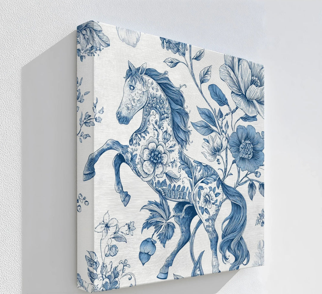 Floral Stallion Illustration – Blue Botanical Horse Canvas Print - MyPhotoStation