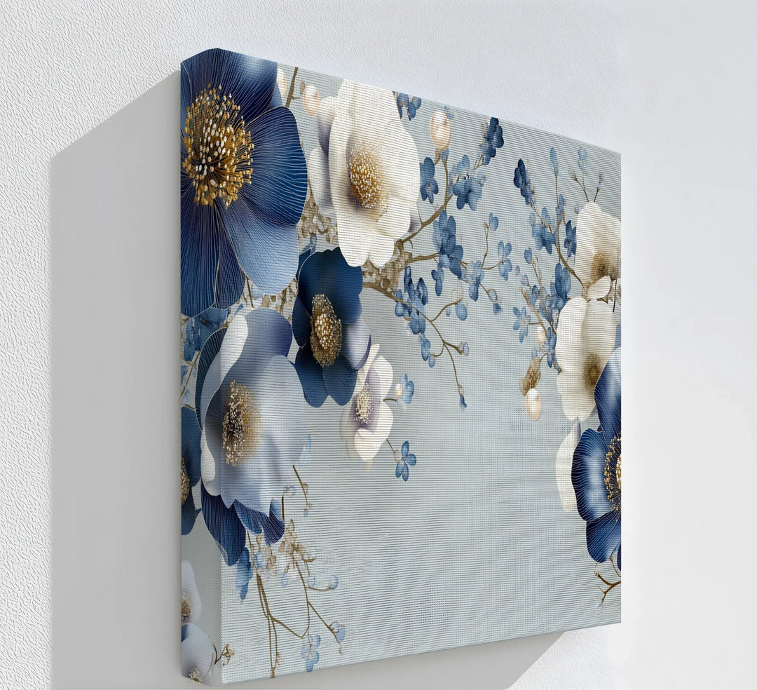Blue and Ivory Elegance – Floral Fantasy with Pearls Canvas Print - MyPhotoStation