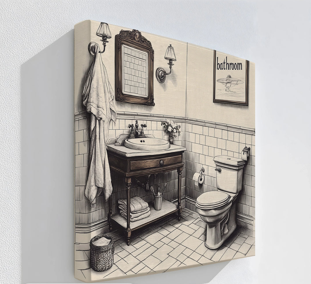 Vintage Vanity – Classic Bathroom Ink Drawing Canvas Print - MyPhotoStation