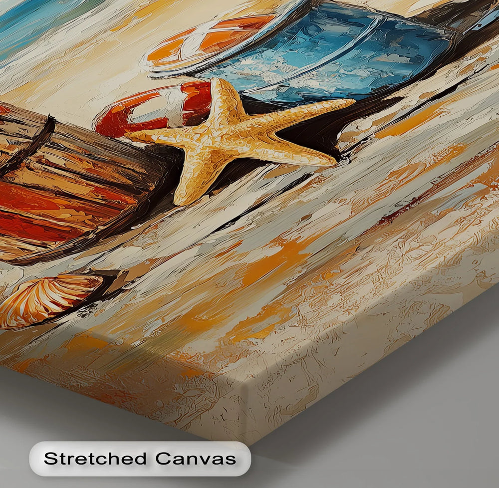 Add charm to your walls with this vibrant framed canvas featuring summer buckets and starfish.