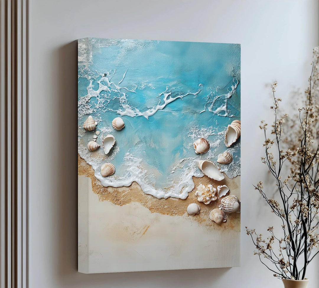 Let the tide roll in with this stunning canvas wall art of seashells and foamy surf.