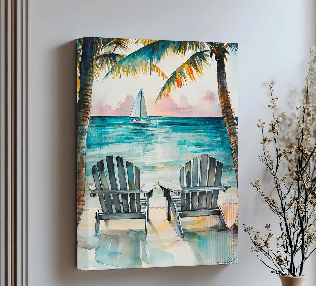 Relax beneath the palms with this dreamy canvas wall art of a tropical ocean view.