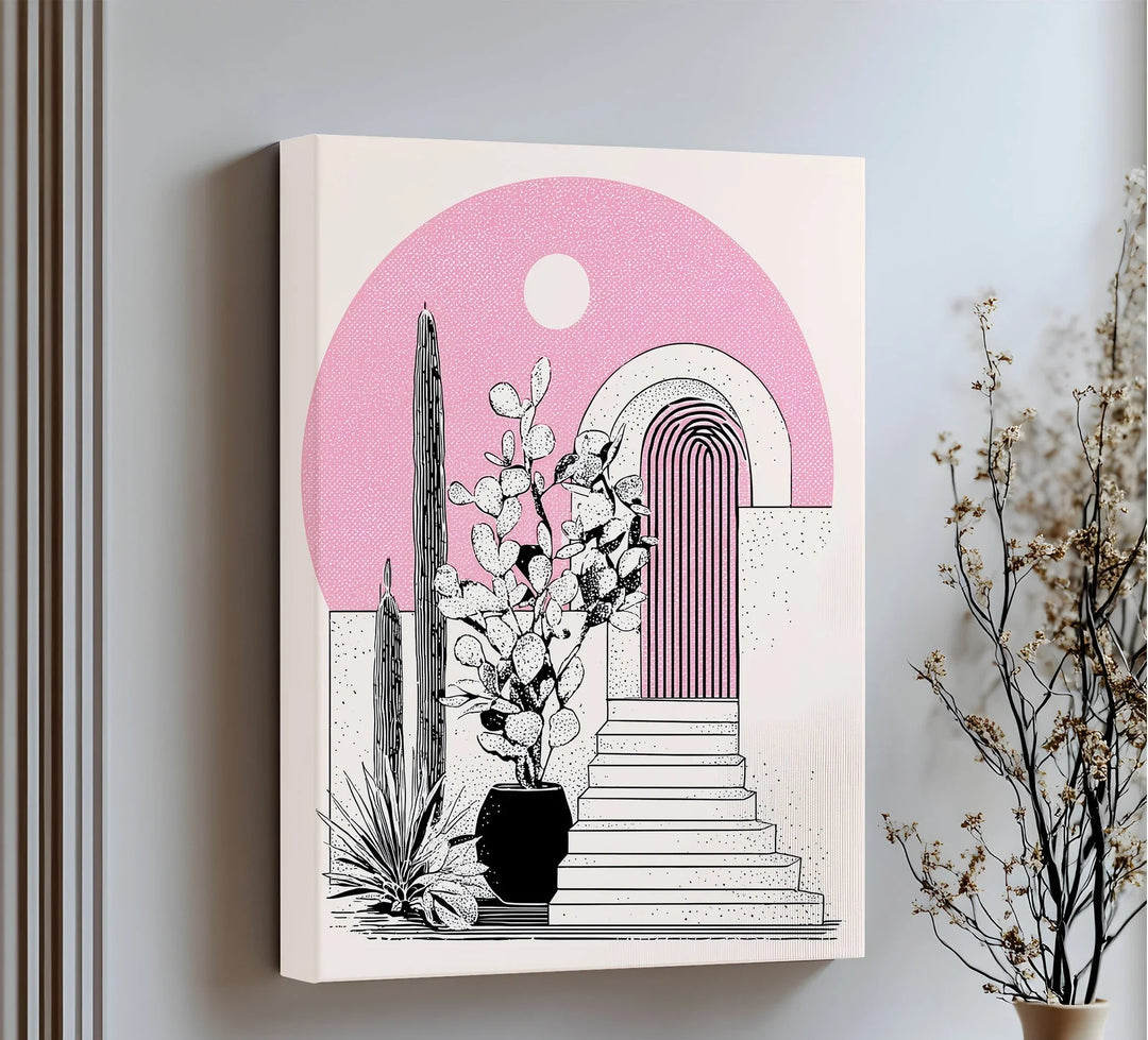 Modern Desert Archway Illustration – Black & Pink Canvas Print - MyPhotoStation