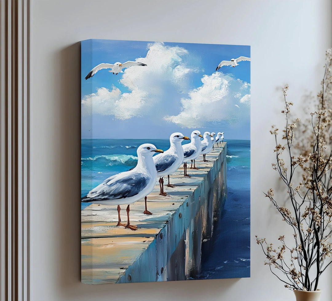 Lined in perfect order, seagulls meet the surf in this striking canvas print.
