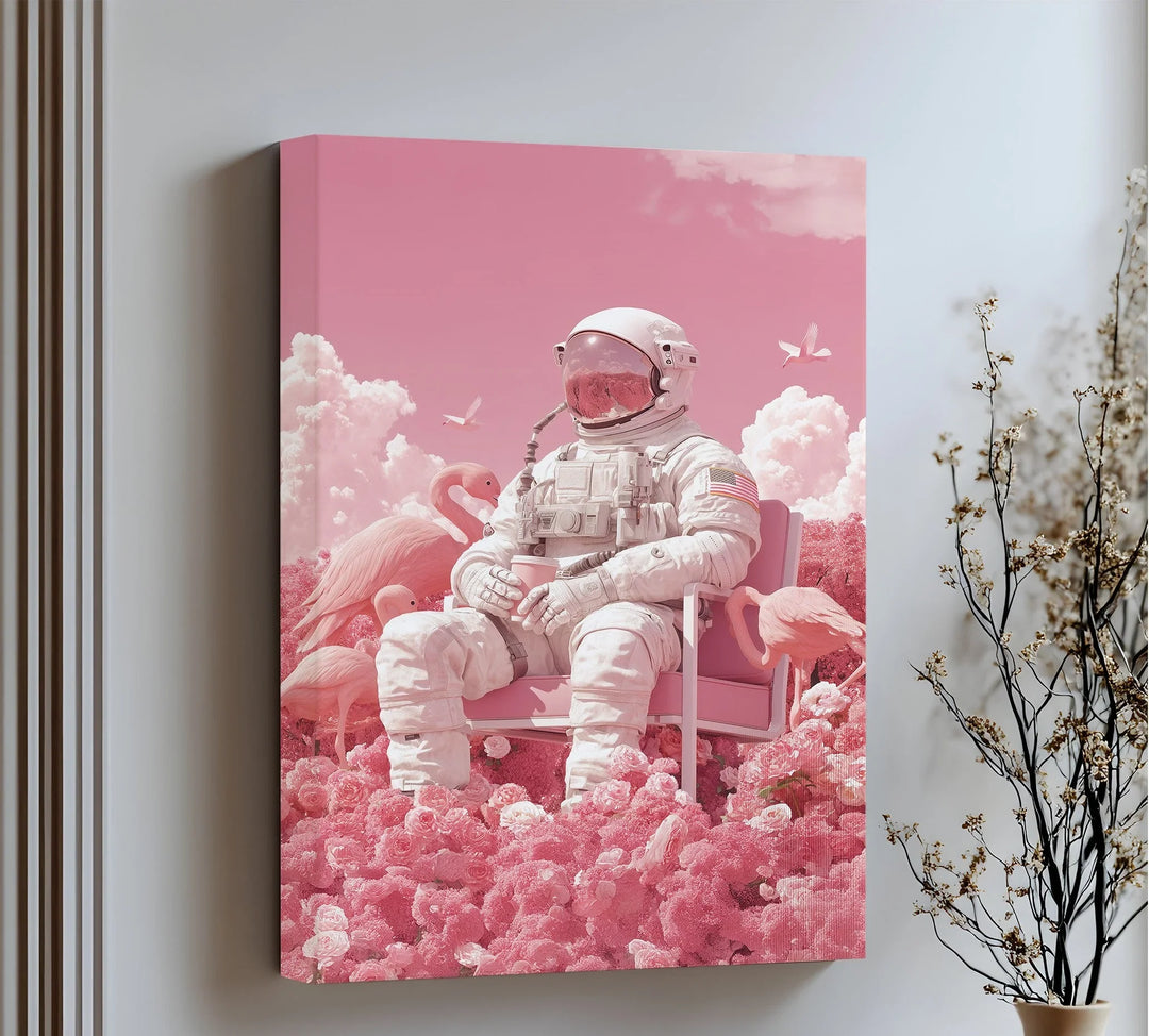 Pink Astronaut in a Flamingo Garden – Surreal Space Canvas Print - MyPhotoStation