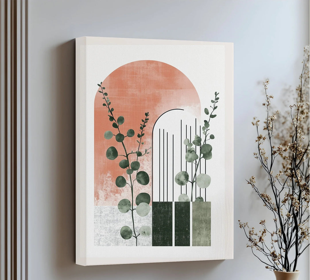 Terracotta Arch with Eucalyptus Branches – Modern Botanical Canvas Print - MyPhotoStation