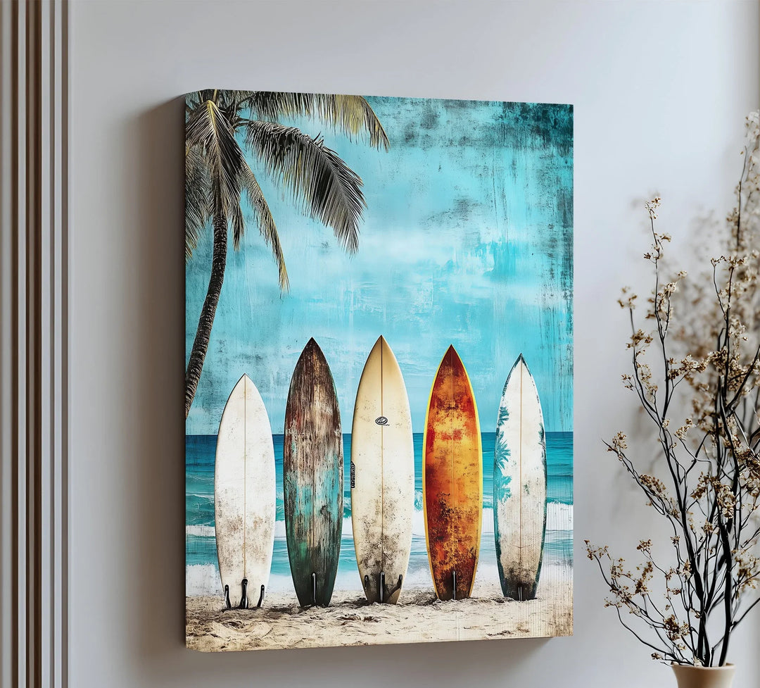 Ride the vibe with this colorful surfboard canvas wall art.