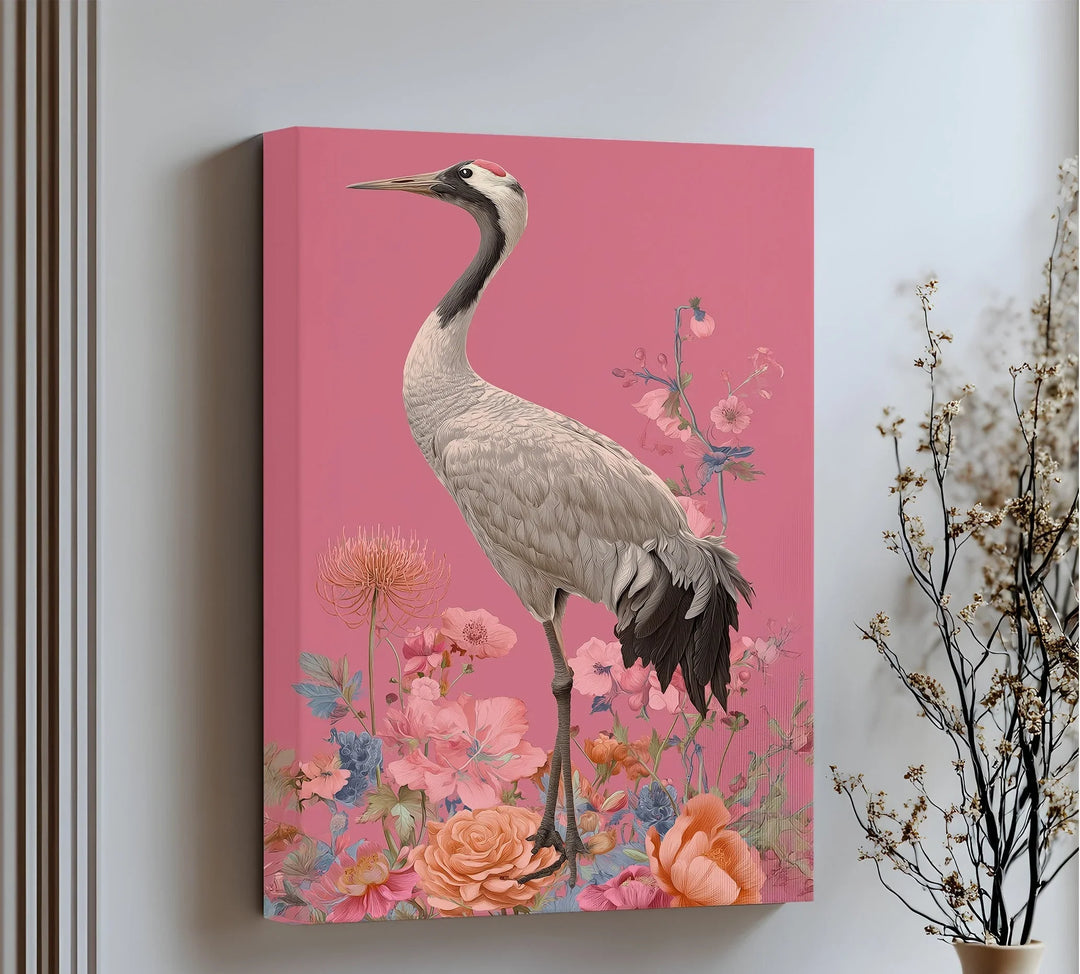 Elegant Crane Among Blossoms – Nature-Inspired Bird Canvas Print - MyPhotoStation