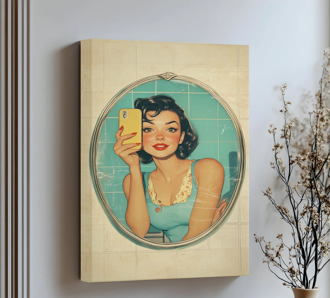 This retro-inspired canvas print blends vintage charm with modern humor, making it a bold and stylish addition to bathrooms, vanities, or dressing areas.