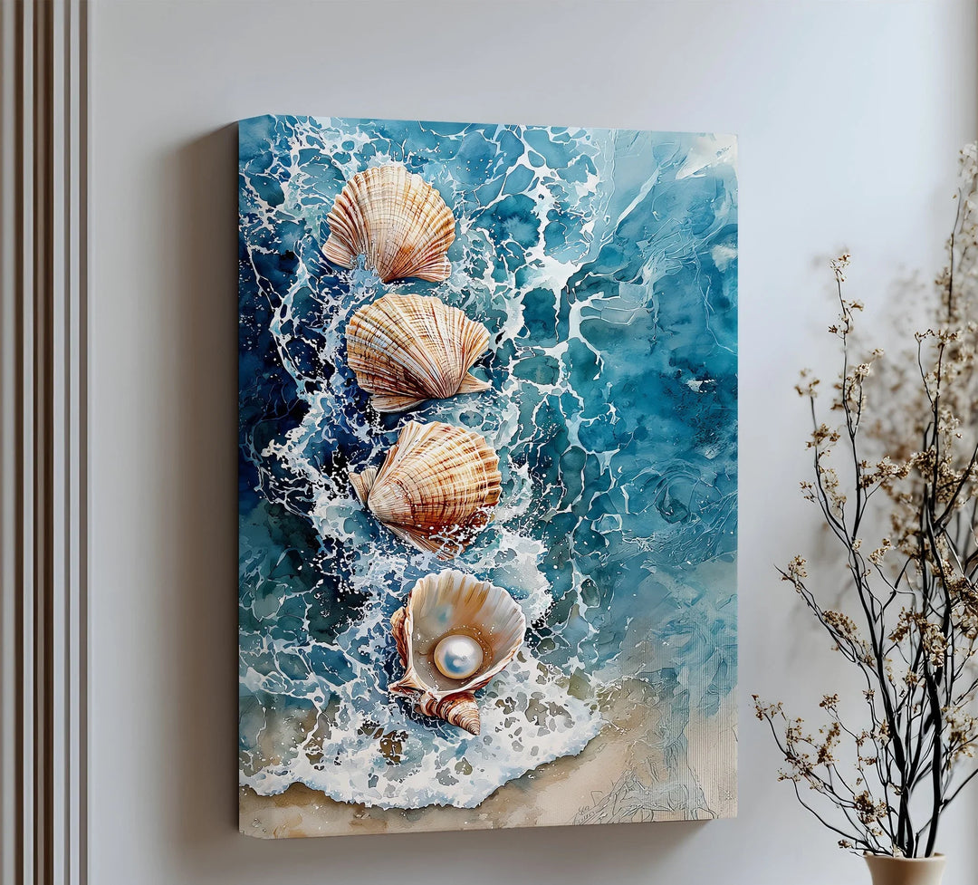 A shimmering pearl meets deep sea hues in this bold canvas print.