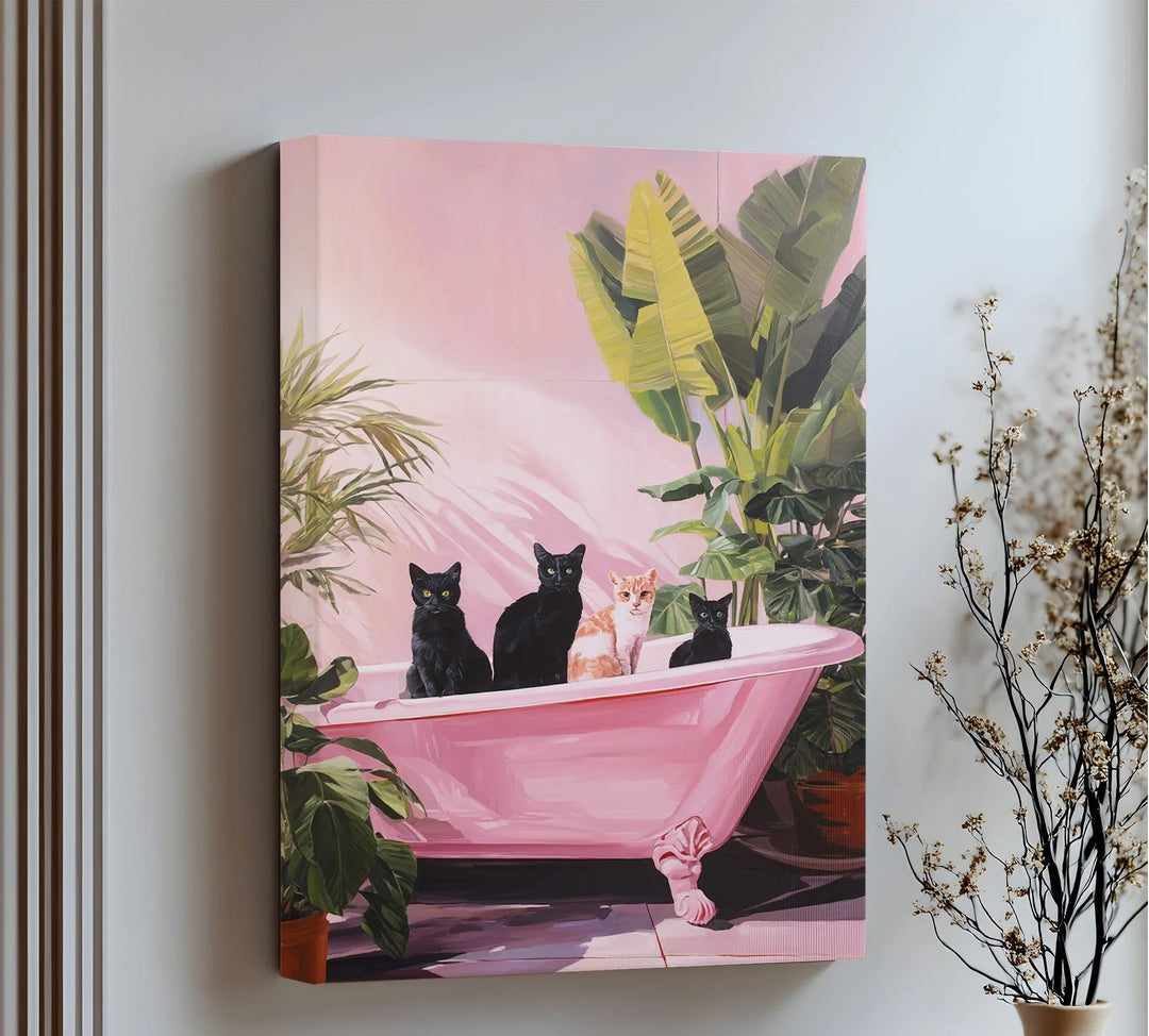 Four Cats in a Pink Bathtub – Playful Botanical Canvas Print - MyPhotoStation