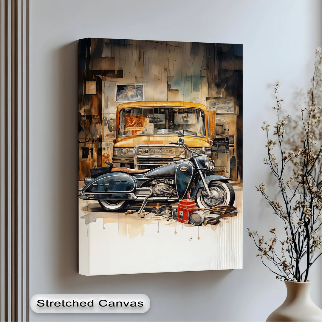 Garage Time – Classic Motorcycle and Vintage Truck Canvas Print - MyPhotoStation