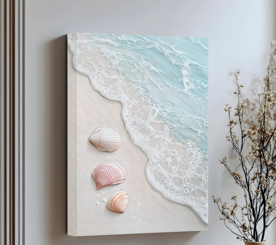 Soft waves and pastel shells blend beautifully in this coastal canvas art.
