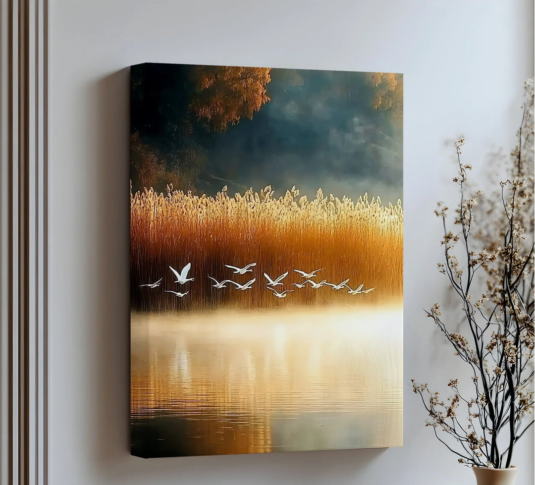Golden Flight – Tranquil Birds at Sunset Canvas Print - MyPhotoStation