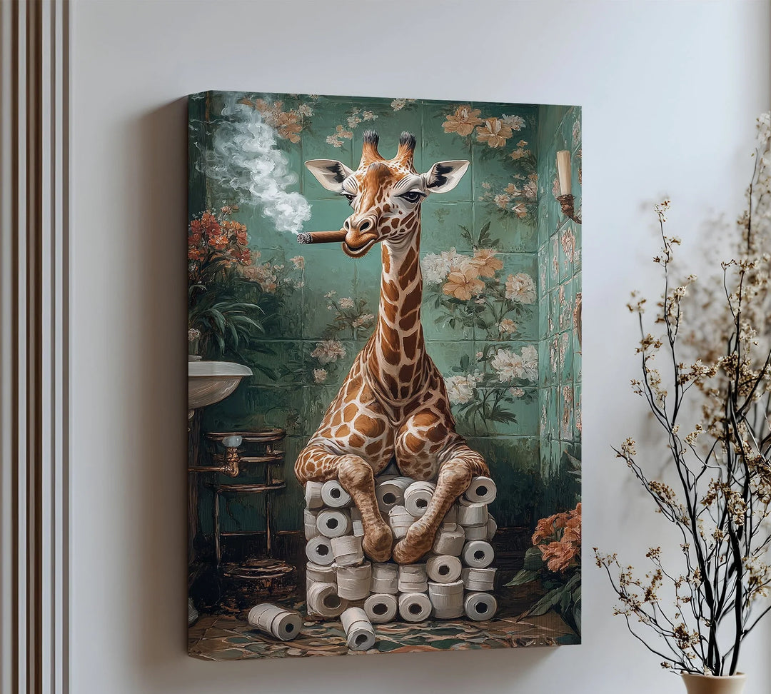 Add a humorous touch to your bathroom with this funny animal canvas wall art featuring a relaxed giraffe surrounded by toilet paper rolls—perfect for quirky and unforgettable decor.