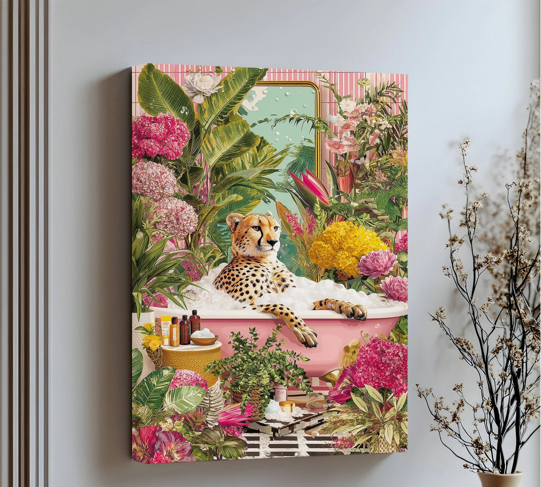 Cheetah in Pink Bathtub – Whimsical Jungle-Inspired Canvas Print - MyPhotoStation