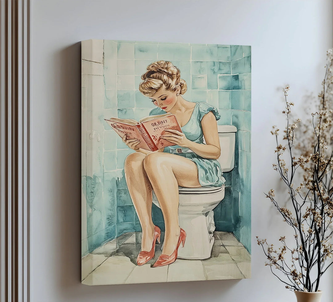 Add a playful vintage touch to your bathroom with this funny canvas print, featuring a retro pin-up style woman reading on the toilet—perfect for quirky wall decor lovers.